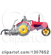Retro Low Poly Geometric Farmer Operating A Plow Tractor