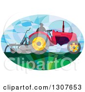 Retro Low Poly Geometric Farmer Operating A Plow Tractor In An Oval