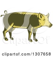 Poster, Art Print Of Retro Woodcut Green And Yellow Pig In Profile