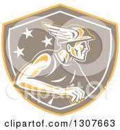 Clipart Of A Retro Mercury With Stars Wearing A Winged Hat In A Yellow Brown And White Shield Royalty Free Vector Illustration