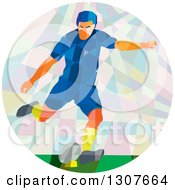 Poster, Art Print Of Retro Low Poly Caucasian Male Rugby Player Kicking In A Circle
