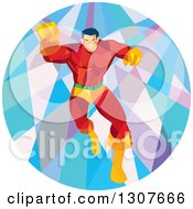 Poster, Art Print Of Retro Low Poly Caucasian Male Super Hero Running Forward And Punching In A Circle