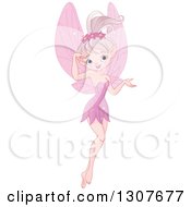 Clipart Of A Pink Fiary Pixie Flying And Presenting Royalty Free Vector Illustration