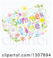 Colorful Floral And Summer Time Text Doodle On Graph Paper