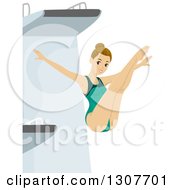 Poster, Art Print Of Young Dirty Blond White Female Swimmer Athlete Falling From A Diving Board