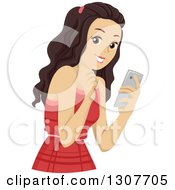 Clipart Of A Young Brunette White Woman Excited About Something She Read On A Cell Phone Royalty Free Vector Illustration