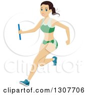 Poster, Art Print Of Sporty Young Brunette White Woman Running A Relay Race