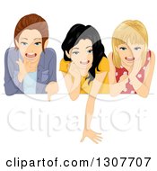Clipart Of Three Happy Teenage Girls With Excited Expressions Looking Down Over A Sign Royalty Free Vector Illustration by BNP Design Studio