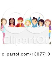 Poster, Art Print Of Diverse Group Of Teenage Boys And Girls Holding A Blank Banner