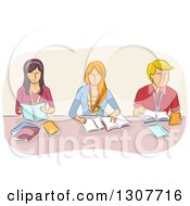Clipart Of A Sketched Group Of High School Or College Students Studying At A Table Royalty Free Vector Illustration