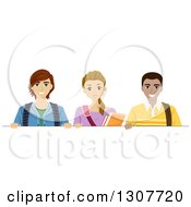 Poster, Art Print Of Happy High School Teenage Girl And Two Young Men Over A Blank Sign
