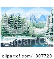 Poster, Art Print Of River Through A Winter Forest With Mountains In The Distance