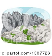 Clipart Of A Sketched Rocky Mountain Range With Shrubs Royalty Free Vector Illustration