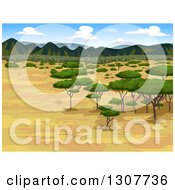 Poster, Art Print Of Savannah Landscape With Acacia Trees And Mountains In The Distance