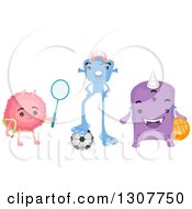 Poster, Art Print Of Group Of Alien Kids With A Tennis Racket Soccer Ball And Basketball