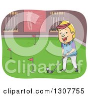 Poster, Art Print Of Cartoon Blond White Man Golfing Indoors