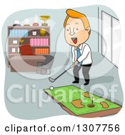 Poster, Art Print Of Cartoon Red Haired White Businessman Playing On A Mini Golf Course In His Office