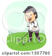 Poster, Art Print Of Cartoon Happy Asian Man Golfing