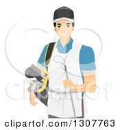 Clipart Of A Young Male Golf Caddy Carrying A Club And Bag Royalty Free Vector Illustration