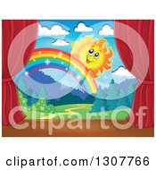 Poster, Art Print Of Happy Sun Peeking Over A Rainbow Stage Set With Red Curtains