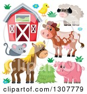 Poster, Art Print Of Cute Barn Chick Sheep Cow Mouse Horse And Pig