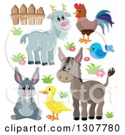 Poster, Art Print Of Cute Gray Goat Rooster Blue Bird Donkey Duck And Rabbit