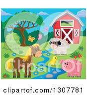 Poster, Art Print Of Red Barn With A Horse Pig Chick Sheep And Butterflies By A Creek