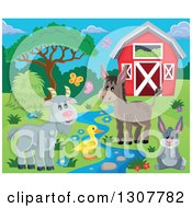 Poster, Art Print Of Red Barn With Spring Butterflies A Goat Duck Donkey And Rabbit By A Stream
