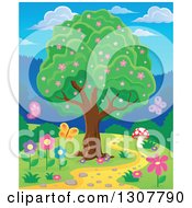 Poster, Art Print Of Lush Tree With Pink Spring Blossoms By A Path With A Mushroom Butterflies And Flowers