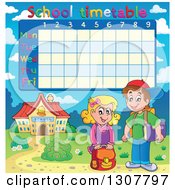 Poster, Art Print Of Caucasian School Girl And Boy By A School Building Under A Time Table