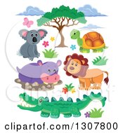 Poster, Art Print Of Cute Wild African Koala Tortoise Lion Hippo And Crocodile With Foliage