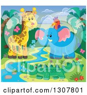 Poster, Art Print Of Wild African Parrot Elephant Giraffe And Crocodile At A Stream Against A Sunset