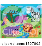 Poster, Art Print Of Wild African Male Lion Hippo Rhino Zebra And Parrot By A Stream During The Day