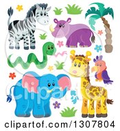 Poster, Art Print Of Cute Wild African Zebra Hippo Snake Parrot Giraffe And Elephant With Plants