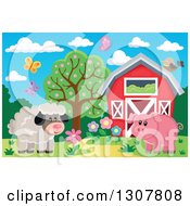 Poster, Art Print Of Red Barn With Spring Butterflies A Sheep And Pig