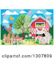 Poster, Art Print Of Red Barn With Spring Butterflies A Rooster And Sheep