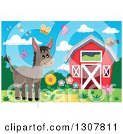 Poster, Art Print Of Red Barn With Spring Bees Butterflies And A Donkey
