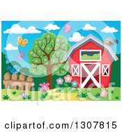 Poster, Art Print Of Red Barn With A Hay Loft Butterflies And Spring Flowers