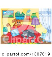 Poster, Art Print Of Cats Playing And Napping On A Sofa In A Living Room