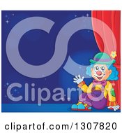 Poster, Art Print Of Clown Sitting And Waving Against A Blue Background On A Stage
