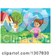 Poster, Art Print Of Cartoon Happy Brunette White Girl Chasing Butterflies With A Net In A Park On A Spring Day