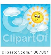 Poster, Art Print Of Cartoon Smiling Sun With Puffy Clouds And Sun Rays In A Blue Day Sky