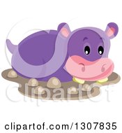 Poster, Art Print Of Cute Purple African Hippopotamus In Mud