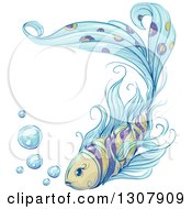 Clipart Of A Sketched Fancy Fish With Bubbles Royalty Free Vector Illustration
