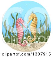 Sketched Pink And Yellow Seahorses With Seaweed And Bubbles In A Circle