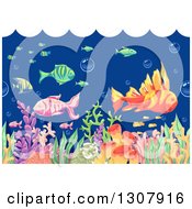 Poster, Art Print Of Underwater Scene Of Sketched Fish And Corals With Waves Above