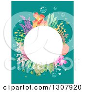 Poster, Art Print Of White Bubble Frame With Corals And Fish Over Turquoise