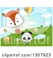 Poster, Art Print Of Cartoon Hot Air Balloons With Animal Faces Over A Pond And Hill