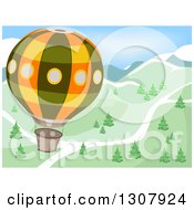 Poster, Art Print Of Hot Air Balloon Flying Over A Road And Mountains With Trees