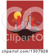 Poster, Art Print Of Sketched City On A Floating Island Over Red